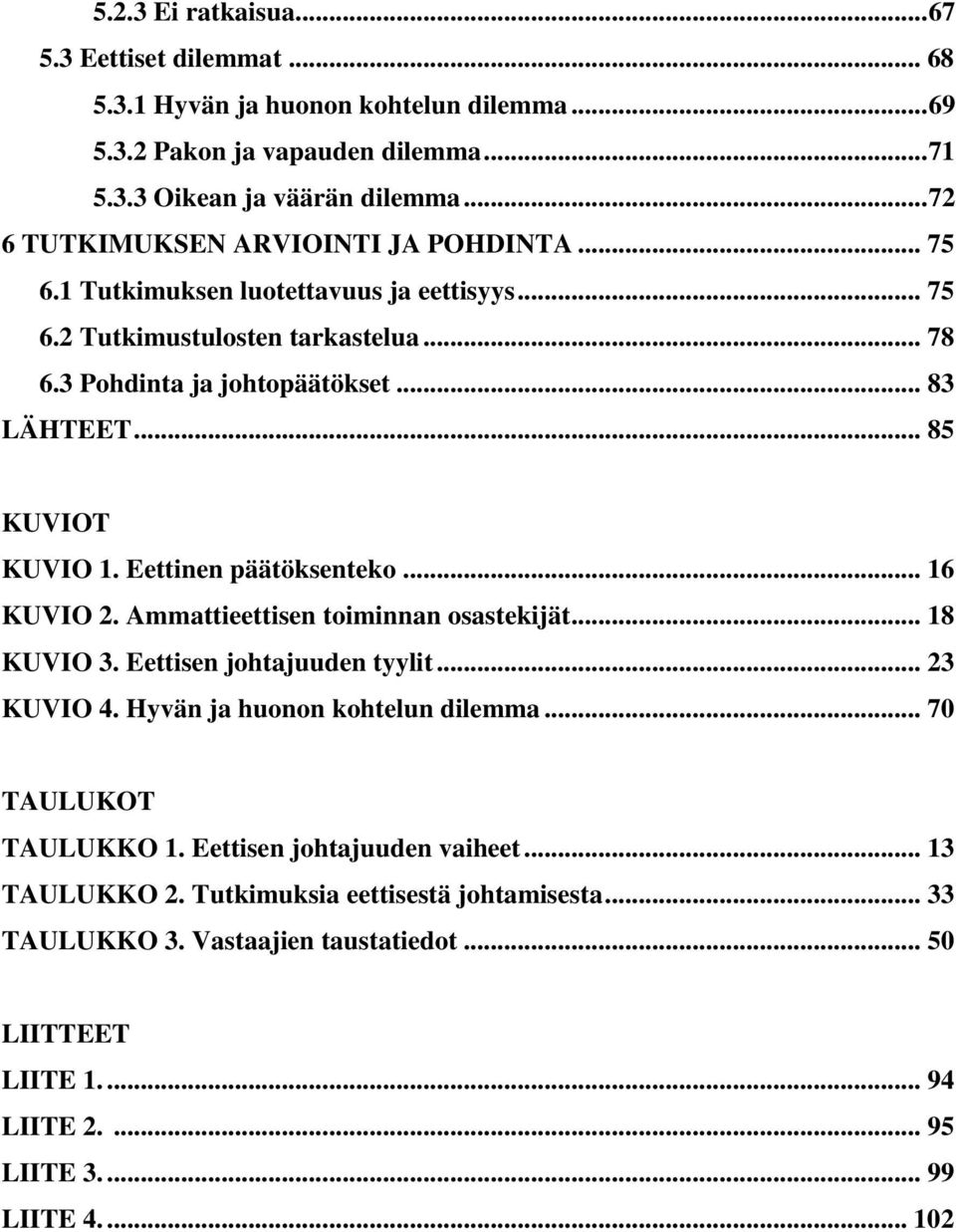 .. 85 KUVIOT KUVIO 1. Eettinen päätöksenteko... 16 KUVIO 2. Ammattieettisen toiminnan osastekijät... 18 KUVIO 3. Eettisen johtajuuden tyylit... 23 KUVIO 4. Hyvän ja huonon kohtelun dilemma.