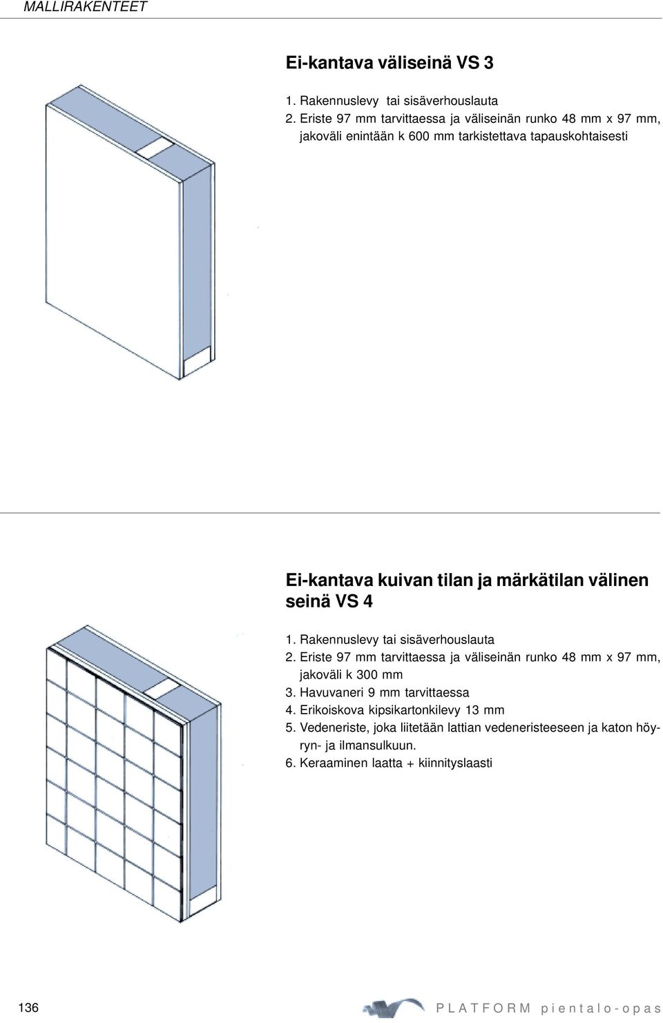 märkätilan välinen seinä VS 4 1. Rakennuslevy tai sisäverhouslauta 2. Eriste 97 mm tarvittaessa ja väliseinän runko 48 mm x 97 mm, jakoväli k 300 mm 3.