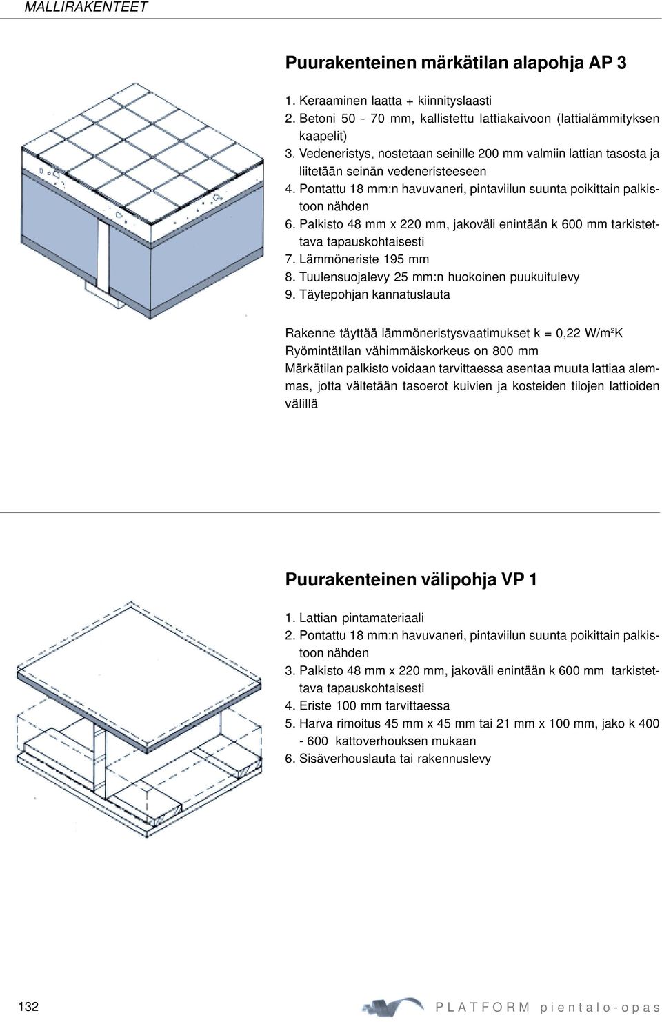 Palkisto 48 mm x 220 mm, jakoväli enintään k 600 mm tarkistettava tapauskohtaisesti 7. Lämmöneriste 195 mm 8. Tuulensuojalevy 25 mm:n huokoinen puukuitulevy 9.