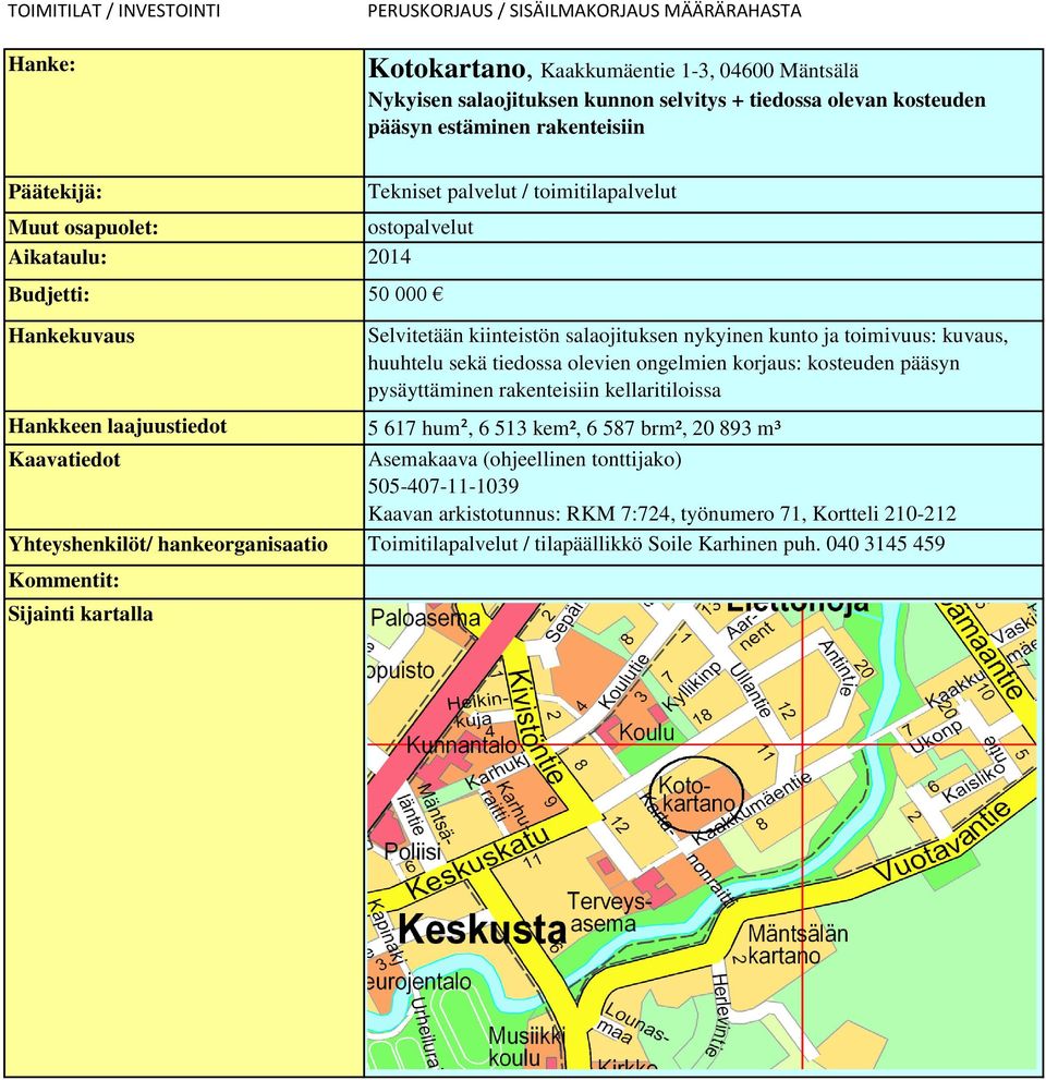 korjaus: kosteuden pääsyn pysäyttäminen rakenteisiin kellaritiloissa Hankkeen laajuustiedot 5 617 hum², 6 513 kem², 6 587 brm², 20 893 m³ Kaavatiedot Asemakaava (ohjeellinen