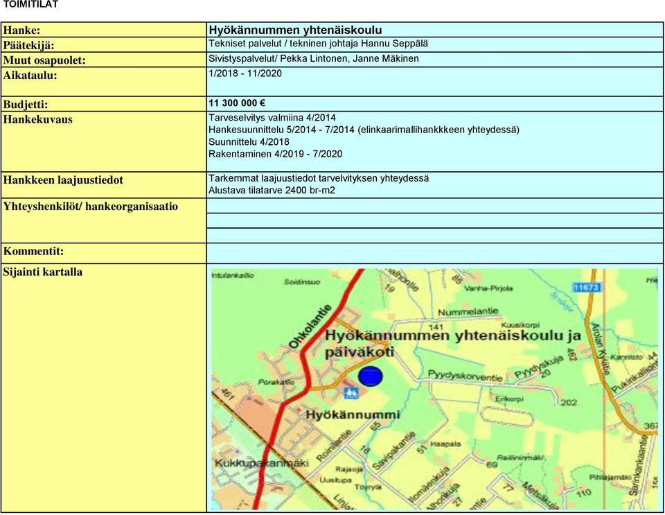 (elinkaarimallihankkkeen yhteydessä) Suunnittelu 4/2018 Rakentaminen 4/2019-7/2020 Hankkeen laajuustiedot Yhteyshenkilöt/