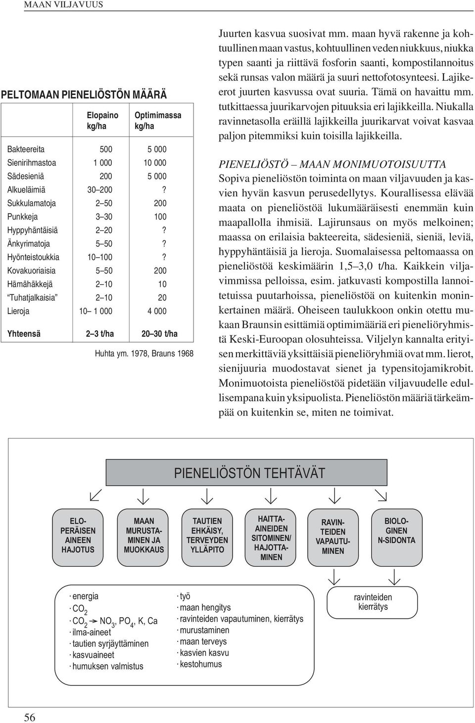 Kovakuoriaisia 5 50 200 Hämähäkkejä 2 10 10 Tuhatjalkaisia 2 10 20 Lieroja 10 1 000 4 000 Yhteensä 2 3 t/ha 20 30 t/ha Huhta ym. 1978, Brauns 1968 Juurten kasvua suosivat mm.