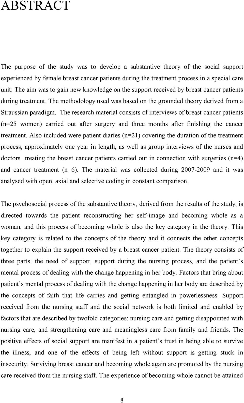 The research material consists of interviews of breast cancer patients (n=25 women) carried out after surgery and three months after finishing the cancer treatment.