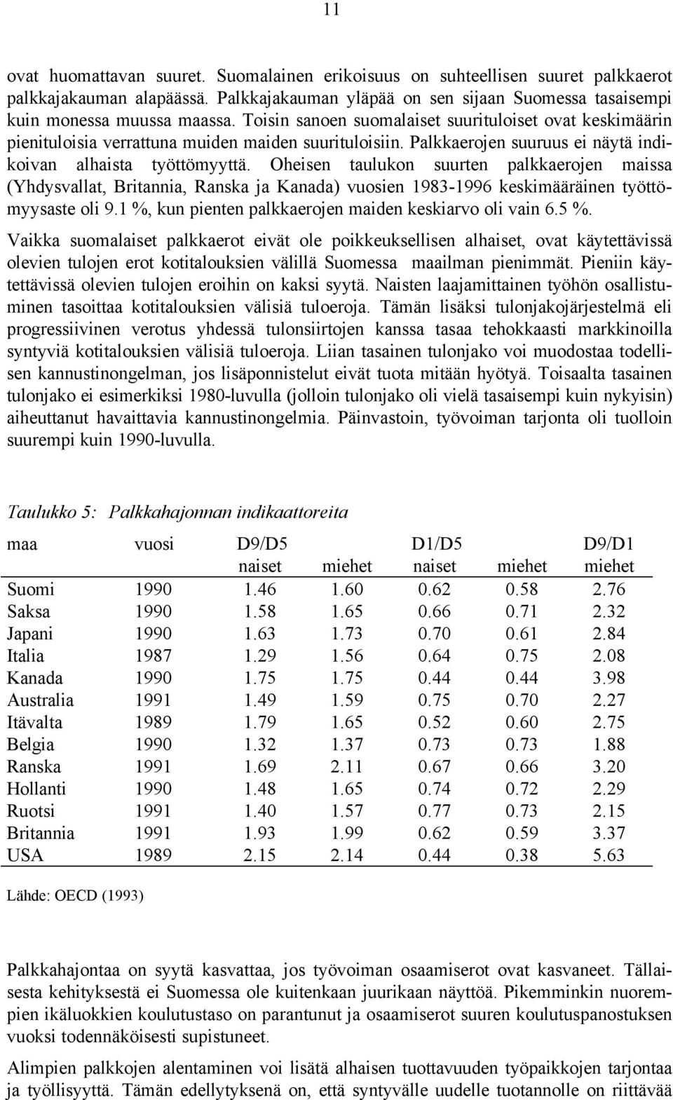 Oheisen taulukon suurten palkkaerojen maissa (Yhdysvallat, Britannia, Ranska ja Kanada) vuosien 1983-1996 keskimääräinen työttömyysaste oli 9.1 %, kun pienten palkkaerojen maiden keskiarvo oli vain 6.