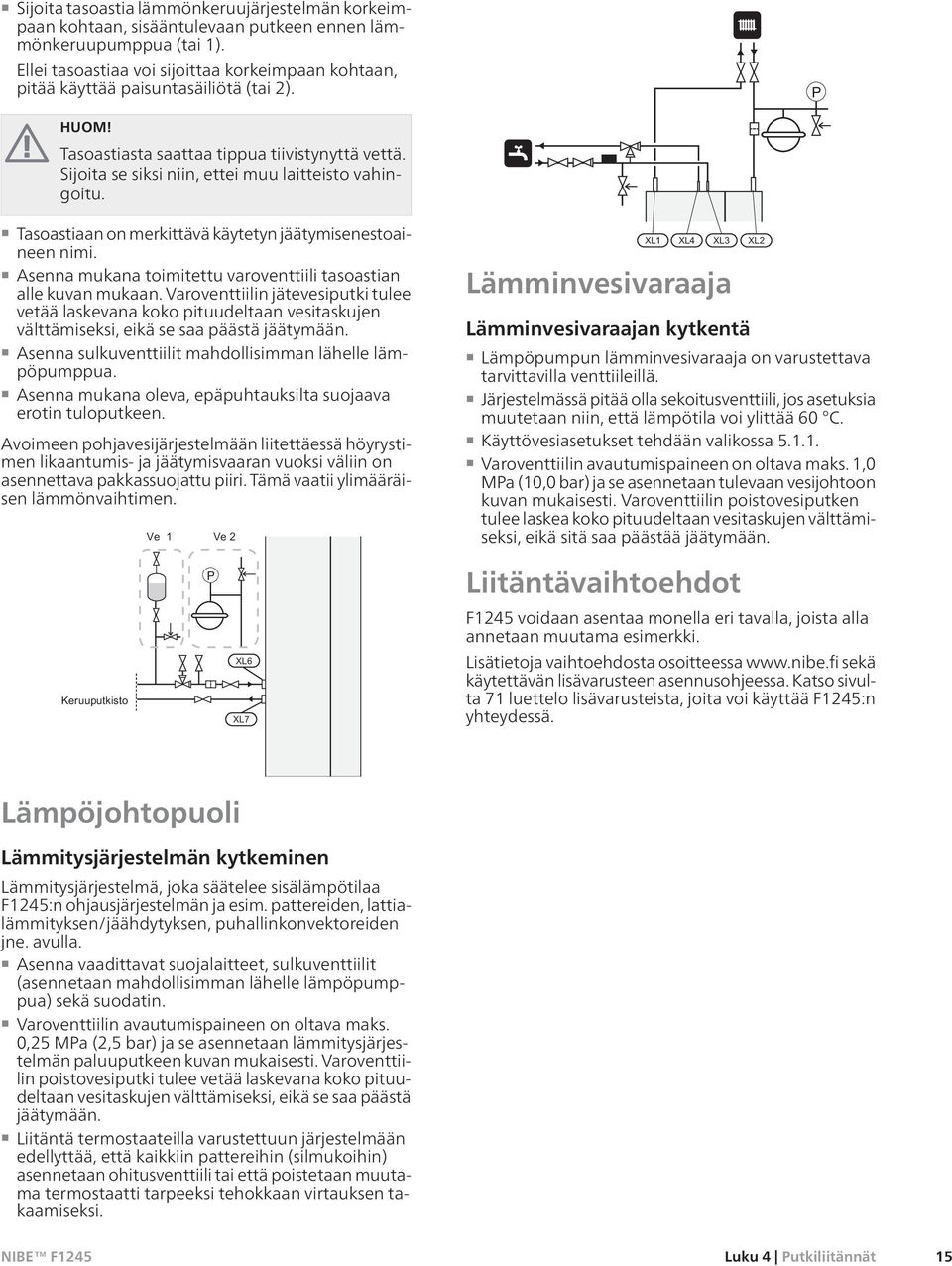 Sijoita se siksi niin, ettei muu laitteisto vahingoitu. Tasoastiaan on merkittävä käytetyn jäätymisenestoaineen nimi. Asenna mukana toimitettu varoventtiili tasoastian alle kuvan mukaan.