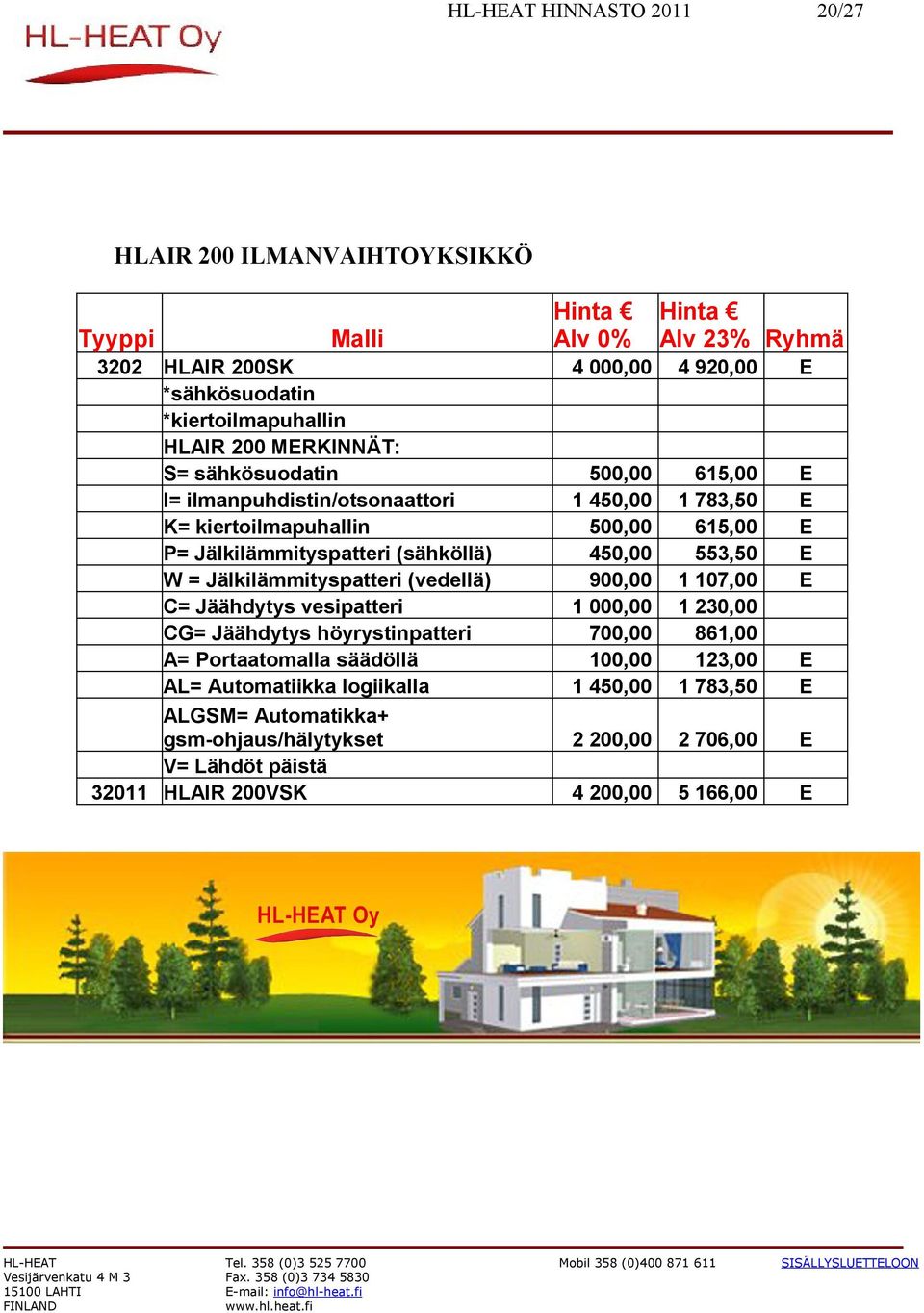 A= Portaatomalla säädöllä AL= Automatiikka logiikalla ALGSM= Automatikka+ gsm-ohjaus/hälytykset V= Lähdöt päistä 32011 HLAIR 200VSK HL-HAT -mail: info@hl-heat.