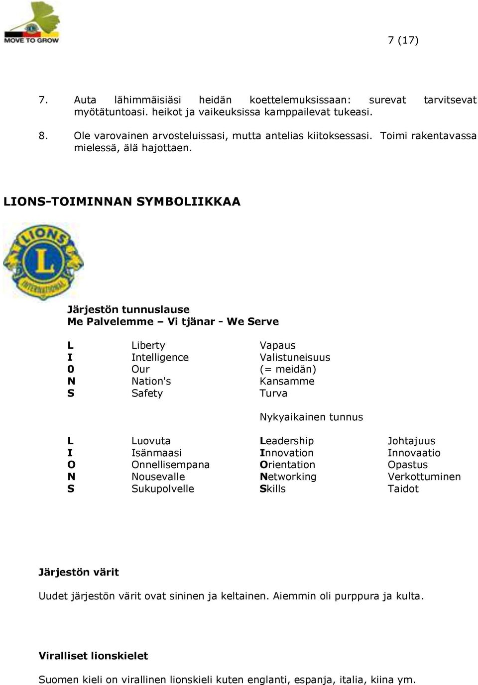 LIONS-TOIMINNAN SYMBOLIIKKAA Järjestön tunnuslause Me Palvelemme Vi tjänar - We Serve L Liberty Vapaus I Intelligence Valistuneisuus 0 Our (= meidän) N Nation's Kansamme S Safety Turva Nykyaikainen