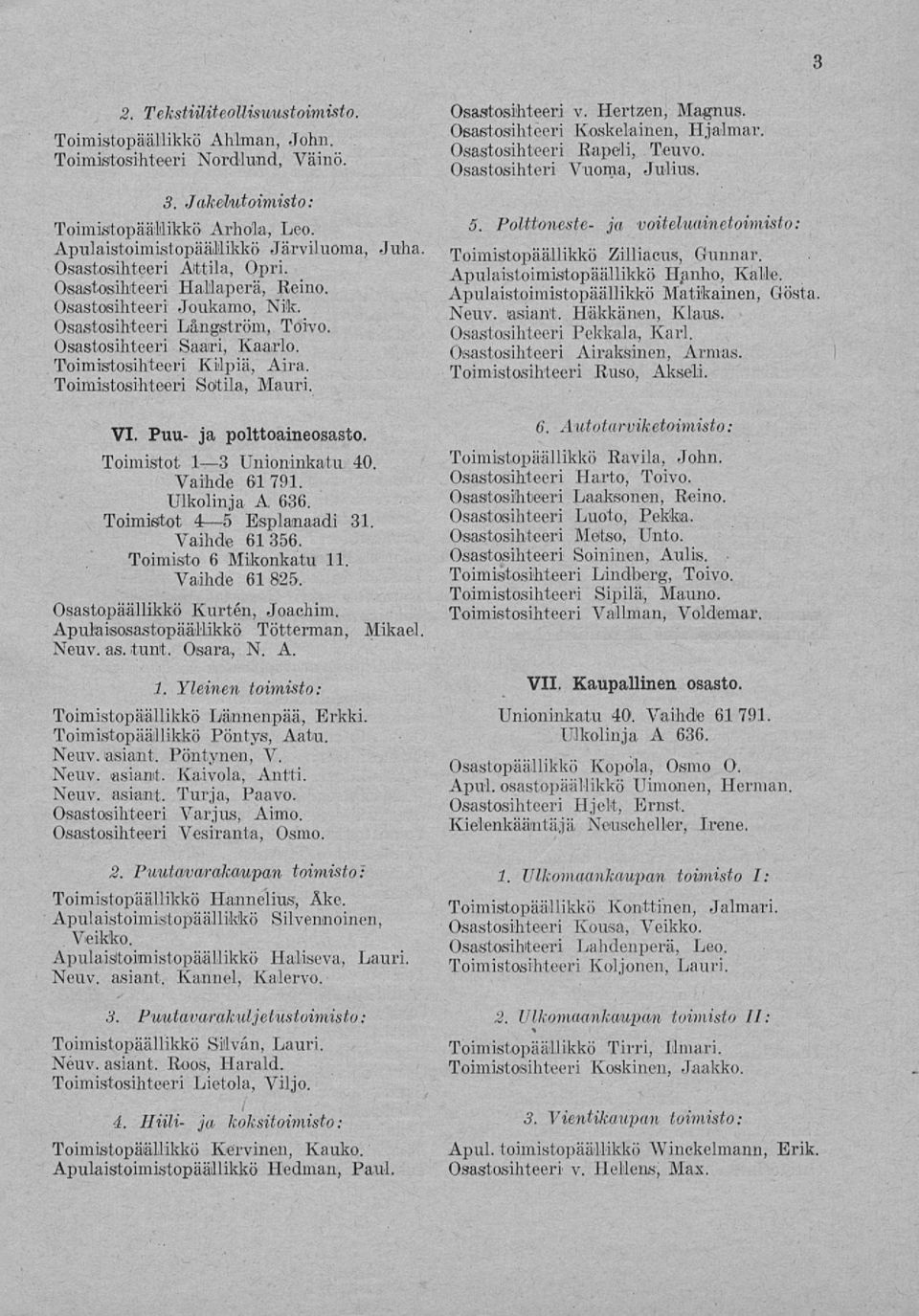 Sotila, Mauri VI Puu ja polttoaineosasto Toimistot I 3 Unioninkatu 40 Vaihde 61791 Ulkolinja A 636 Toimistot 4 5 Esplanaadi 31 Vaihde 61356 Toimisto 6 Mikonkatu 11 Vaihde 61825 Osastopäällikkö