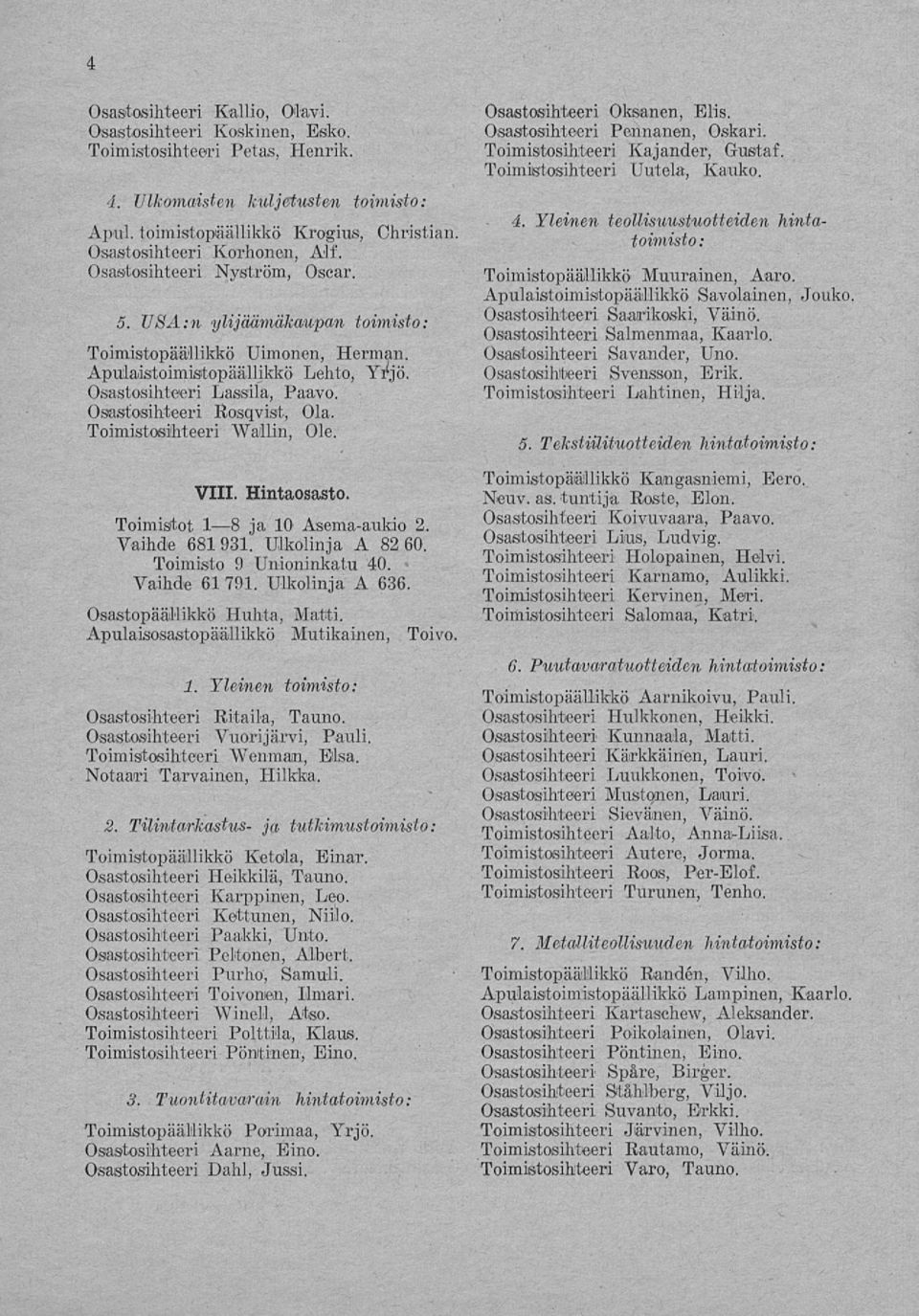 Toimistosihteeri Wallin, Ole VIII Hintaosasto Toimistot I B ja 10 Asemaaukio 2 Vaihde 681931 Ulkolinja A 82 60 Toimisto 9 Unioninkatu 40 Vaihde 61 791 Ulkolinja A 636 Osastopäällikkö Huhta, Matti