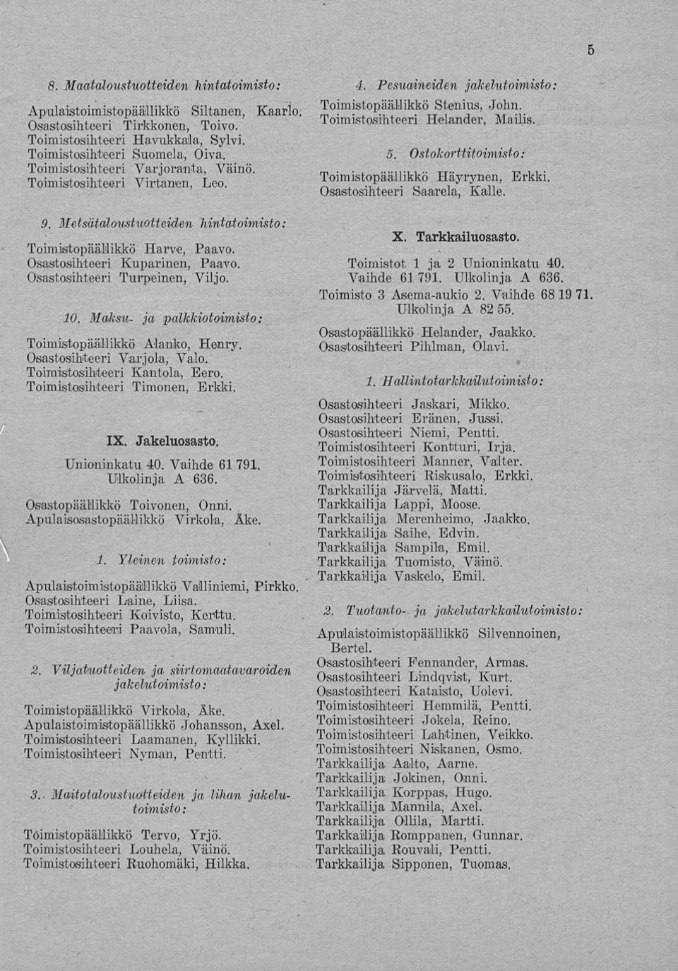 palkkiotoimisto: Toimistopäällikkö Alanko, Henry Osastosihteeri Varjola, Valo Toimistosihteeri Kantola, Eero Toimistosihteeri Timonen, Erkki IX Jakeluosasto Unioninkatu 40 Vaihde 61 791 Ulkolinja A