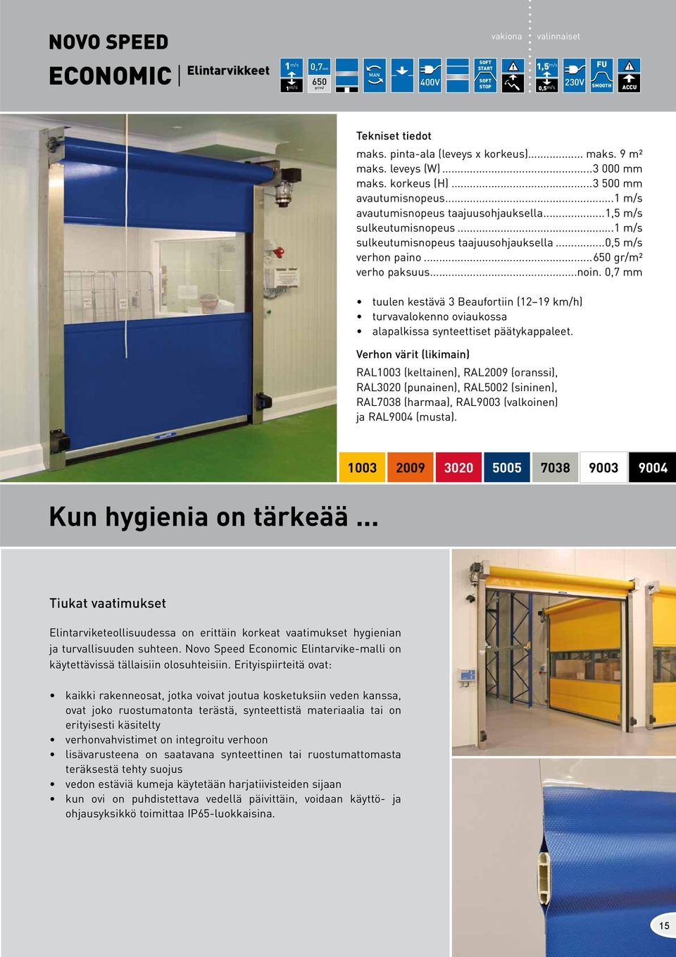 ..650 gr/m² verho paksuus...noin. 0,7 mm tuulen kestävä 3 Beaufortiin (12 19 km/h) turvavalokenno oviaukossa alapalkissa synteettiset päätykappaleet.