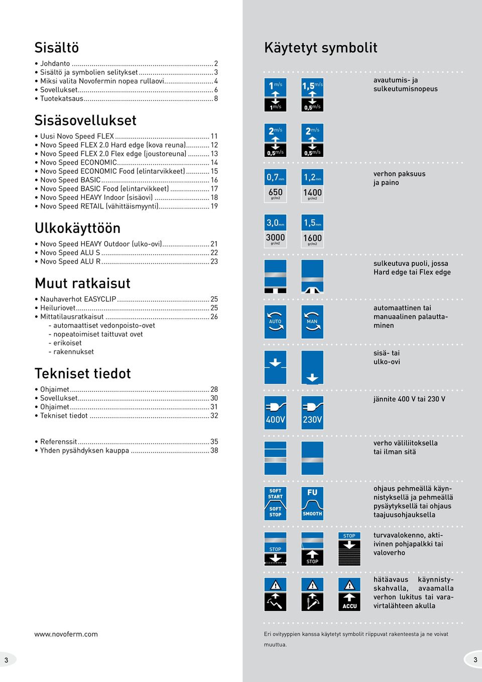 0 Flex edge (joustoreuna) 13 Novo Speed ECONOMIC 14 Novo Speed ECONOMIC Food (elintarvikkeet) 15 Novo Speed BASIC 16 Novo Speed BASIC Food (elintarvikkeet) 17 Novo Speed HEAVY Indoor (sisäovi) 18