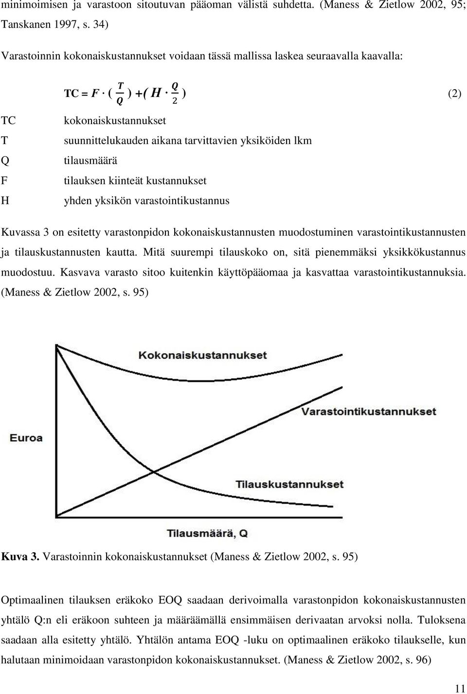 tilausmäärä tilauksen kiinteät kustannukset yhden yksikön varastointikustannus Kuvassa 3 on esitetty varastonpidon kokonaiskustannusten muodostuminen varastointikustannusten ja tilauskustannusten