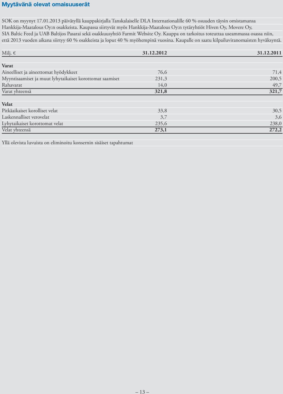 Kauppa on tarkoitus toteuttaa useammassa osassa niin, että 2013 vuoden aikana siirtyy 60 % osakkeista ja loput 40 % myöhempinä vuosina. Kaupalle on saatu kilpailuviranomaisten hyväksyntä. Milj.