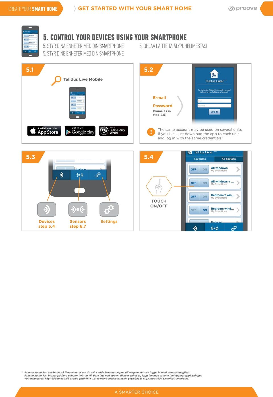 4 TOUCH ON/OFF Devices step 5.4 Sensors step 6.7 Settings * Samma konto kan användas på flera enheter om du vill. Ladda bara ner appen till varje enhet och logga in med samma uppgifter.