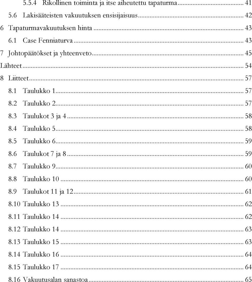 .. 58 8.4 Taulukko 5... 58 8.5 Taulukko 6... 59 8.6 Taulukot 7 ja 8... 59 8.7 Taulukko 9... 60 8.8 Taulukko 10... 60 8.9 Taulukot 11 ja 12... 61 8.