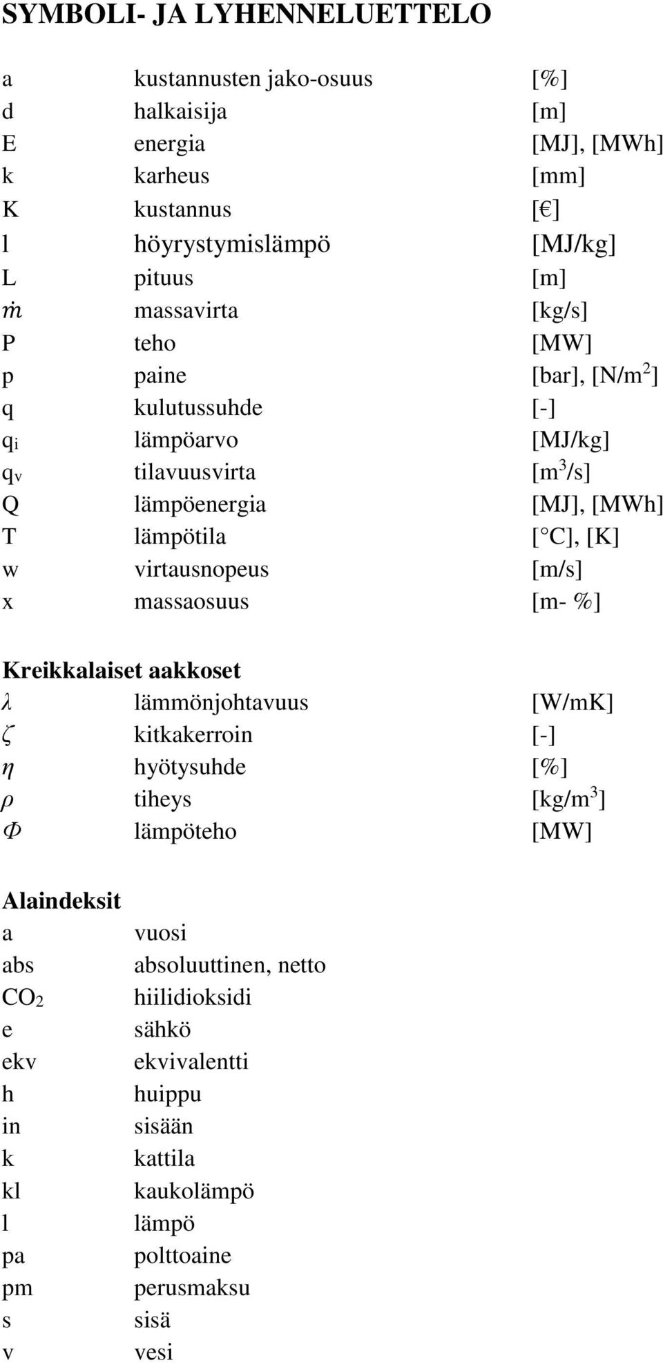 virtausnopeus [m/s] x massaosuus [m- %] Kreikkalaiset aakkoset λ lämmönjohtavuus [W/mK] ζ kitkakerroin [-] η hyötysuhde [%] ρ tiheys [kg/m 3 ] Ф lämpöteho [MW]