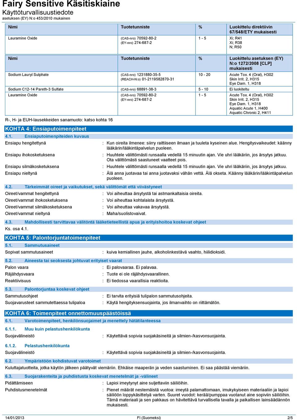 1, H318 Sodium C12-14 Pareth-3 Sulfate (CAS-nro) 68891-38-3 5-10 Ei luokiteltu Lauramine Oxide (CAS-nro) 70592-80-2 (EY-nro) 274-687-2 R-, H- ja EUH-lausekkeiden sanamuoto: katso kohta 16 1-5 Acute