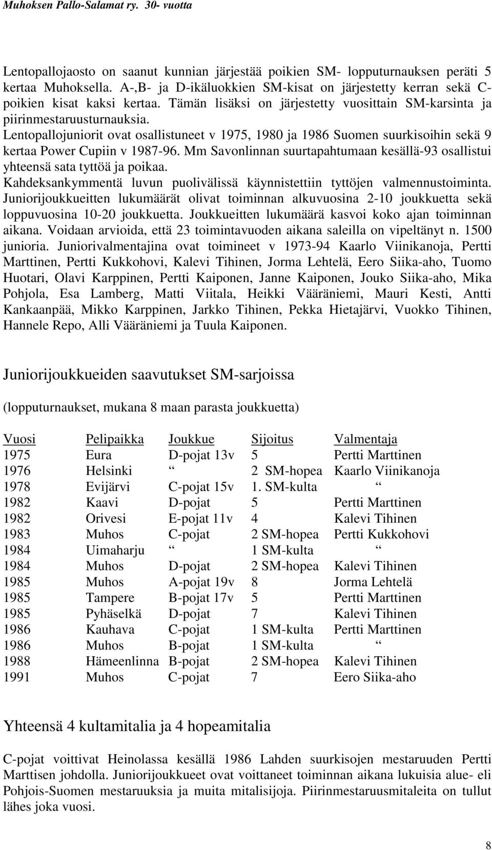 Mm Savonlinnan suurtapahtumaan kesällä-93 osallistui yhteensä sata tyttöä ja poikaa. Kahdeksankymmentä luvun puolivälissä käynnistettiin tyttöjen valmennustoiminta.