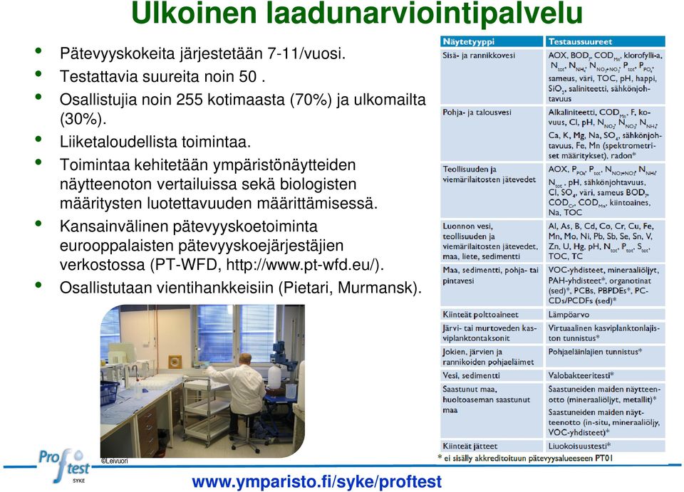 Toimintaa kehitetään ympäristönäytteiden näytteenoton vertailuissa sekä biologisten määritysten luotettavuuden määrittämisessä.