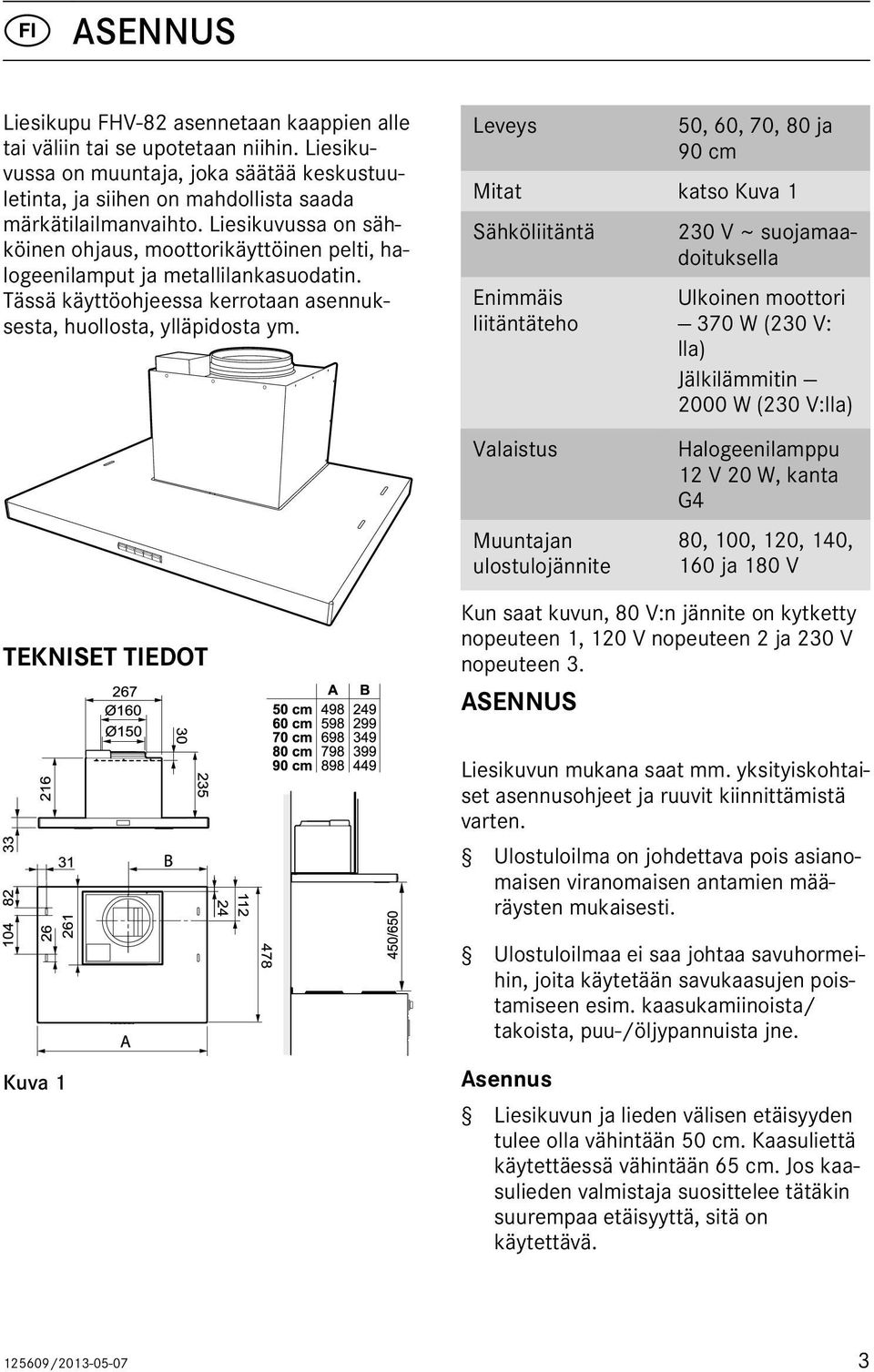 Leveys 50, 60, 70, 80 ja 90 cm Mitat katso Kuva 1 Sähköliitäntä Enimmäis liitäntäteho Valaistus Muuntajan ulostulojännite 230 V ~ suojamaadoituksella Ulkoinen moottori 370 W (230 V: lla)