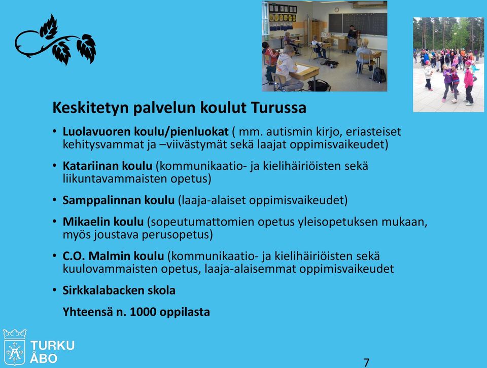 kielihäiriöisten sekä liikuntavammaisten opetus) Samppalinnan koulu (laaja-alaiset oppimisvaikeudet) Mikaelin koulu (sopeutumattomien