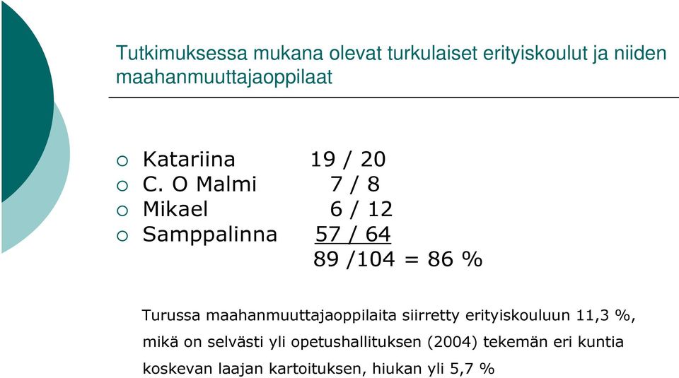 O Malmi 7 / 8 Mikael 6 / 12 Samppalinna 57 / 64 89 /104 = 86 % Turussa