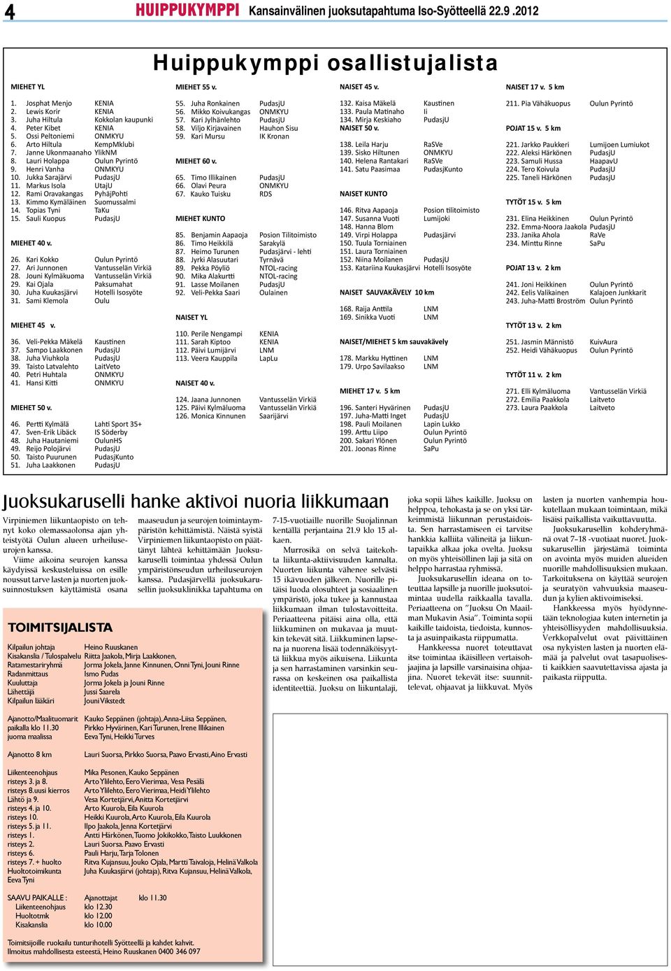 Henri Vanha ONMKYU 10. Jukka Sarajärvi PudasjU 11. Markus Isola UtajU 12. Rami Oravakangas PyhäjPohti 13. Kimmo Kymäläinen Suomussalmi 14. Topias Tyni TaKu 15. Sauli Kuopus PudasjU MIEHET 40 v. 26.