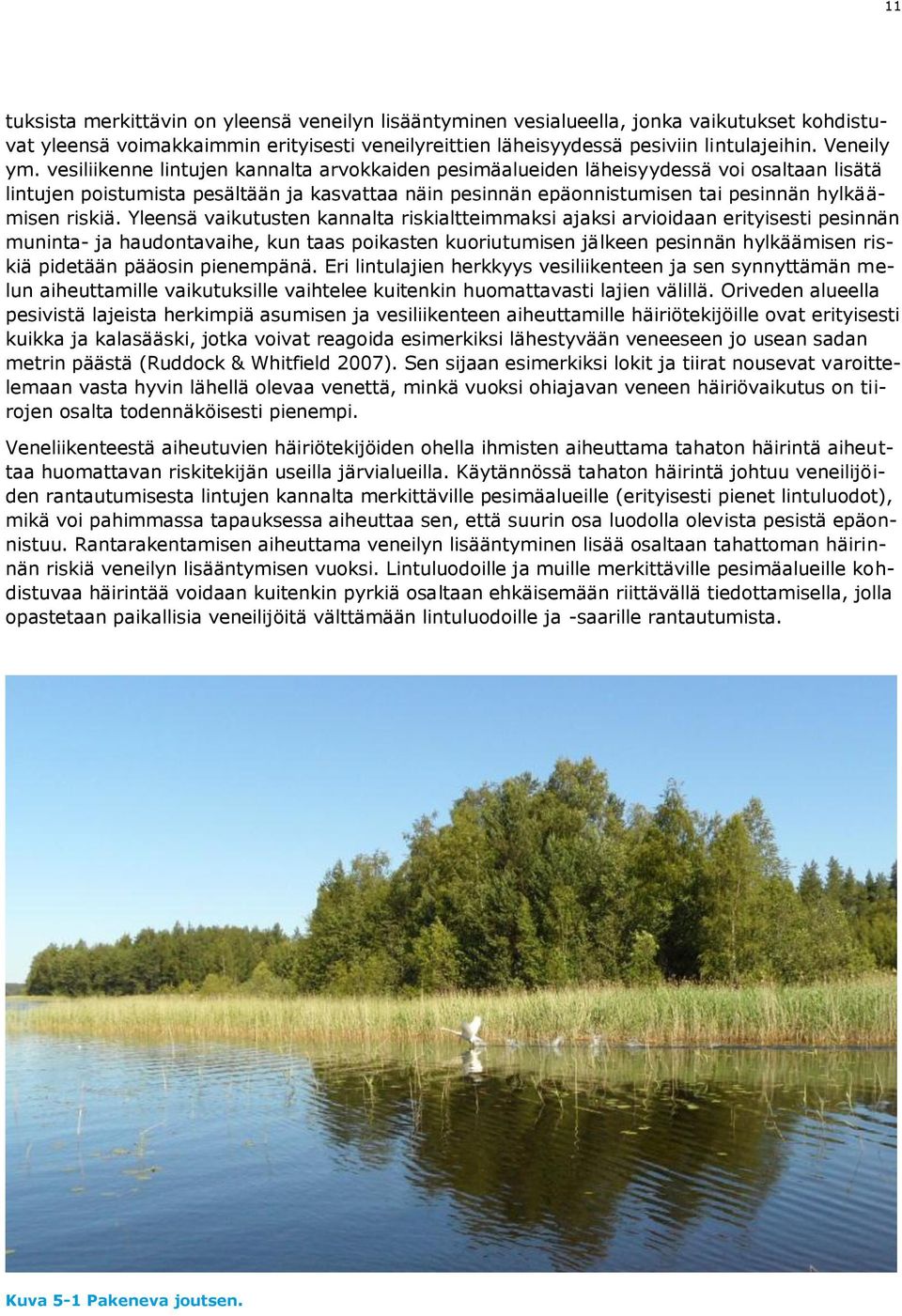 vesiliikenne lintujen kannalta arvokkaiden pesimäalueiden läheisyydessä voi osaltaan lisätä lintujen poistumista pesältään ja kasvattaa näin pesinnän epäonnistumisen tai pesinnän hylkäämisen riskiä.