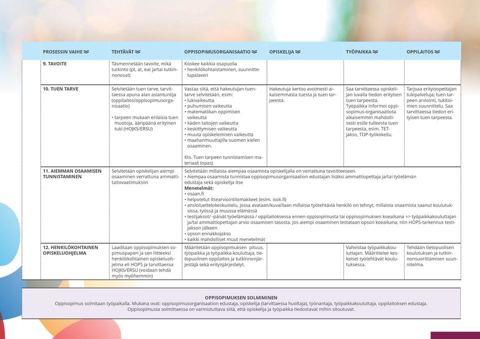 TUEN TARVE Selvitetään tuen tarve, tarvittaessa apuna alan asiantuntija (oppilaitos/oppisopimusorganisaatio) tarpeen mukaan erilaisia tuen muotoja, ääripäänä erityinen tuki (HOJKS/ERSU) Vastaa siitä,