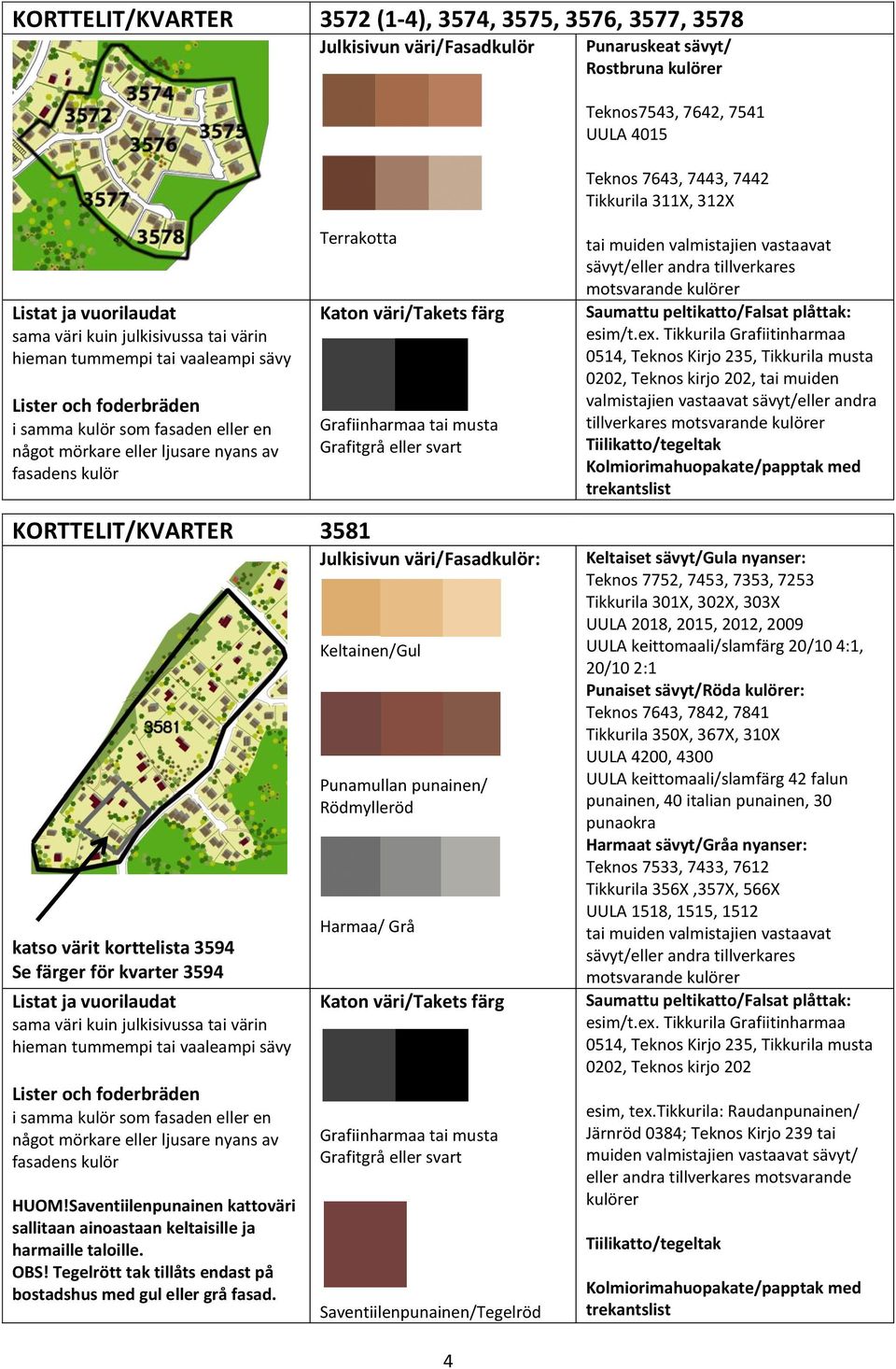 Saventiilenpunainen kattoväri sallitaan ainoastaan keltaisille ja harmaille taloille. OBS! Tegelrött tak tillåts endast på bostadshus med gul eller grå fasad.