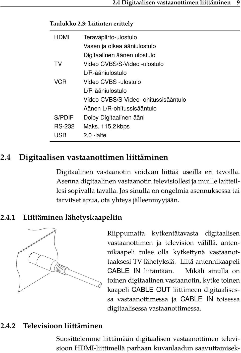 L/R-ääniulostulo Video CVBS/S-Video -ohitussisääntulo Äänen L/R-ohitussisääntulo Dolby Digitaalinen ääni Maks. 115,2 kbps 2.0 -laite 2.