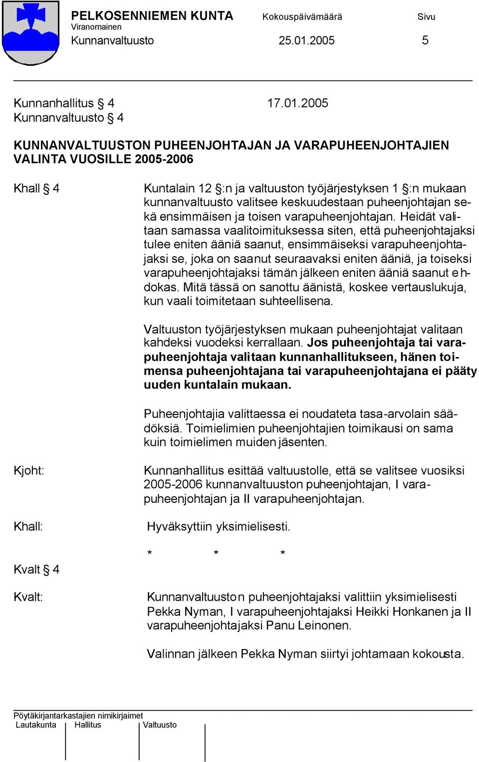 2005 Kunnanvaltuusto 4 KUNNANVALTUUSTON PUHEENJOHTAJAN JA VARAPUHEENJOHTAJIEN VALINTA VUOSILLE 2005-2006 Khall 4 Kuntalain 12 :n ja valtuuston työjärjestyksen 1 :n mukaan kunnanvaltuusto valitsee