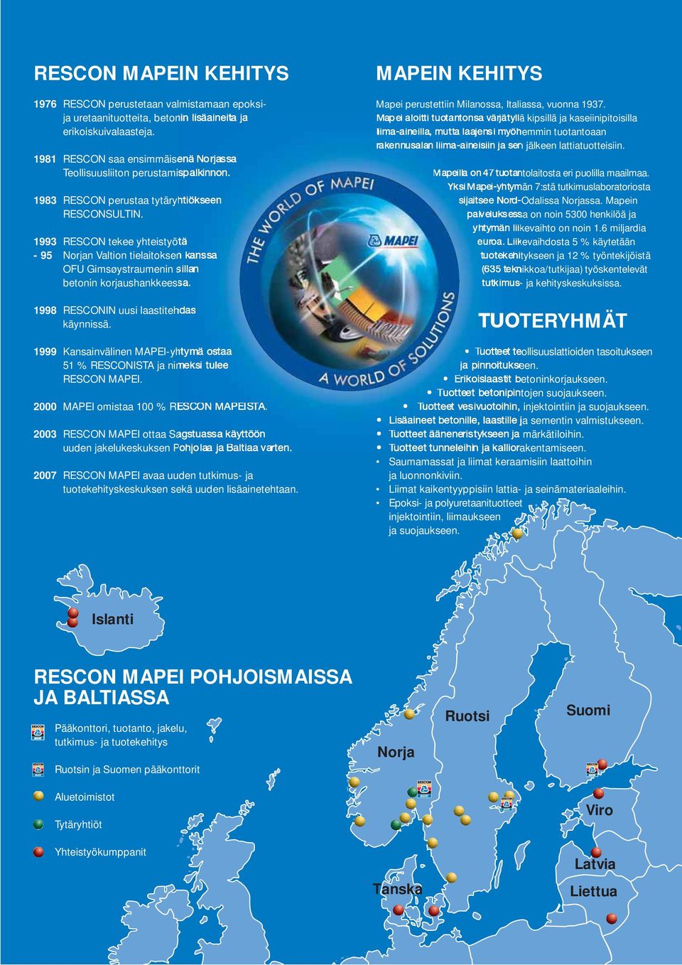 1993 RESCON tekee yhteistyötä - 95 Norjan Valtion tielaitoksen kanssa OFU Gimsøystraumenin sillan betonin korjaushankkeessa. 1998 RESCONIN uusi laastitehdas käynnissä.