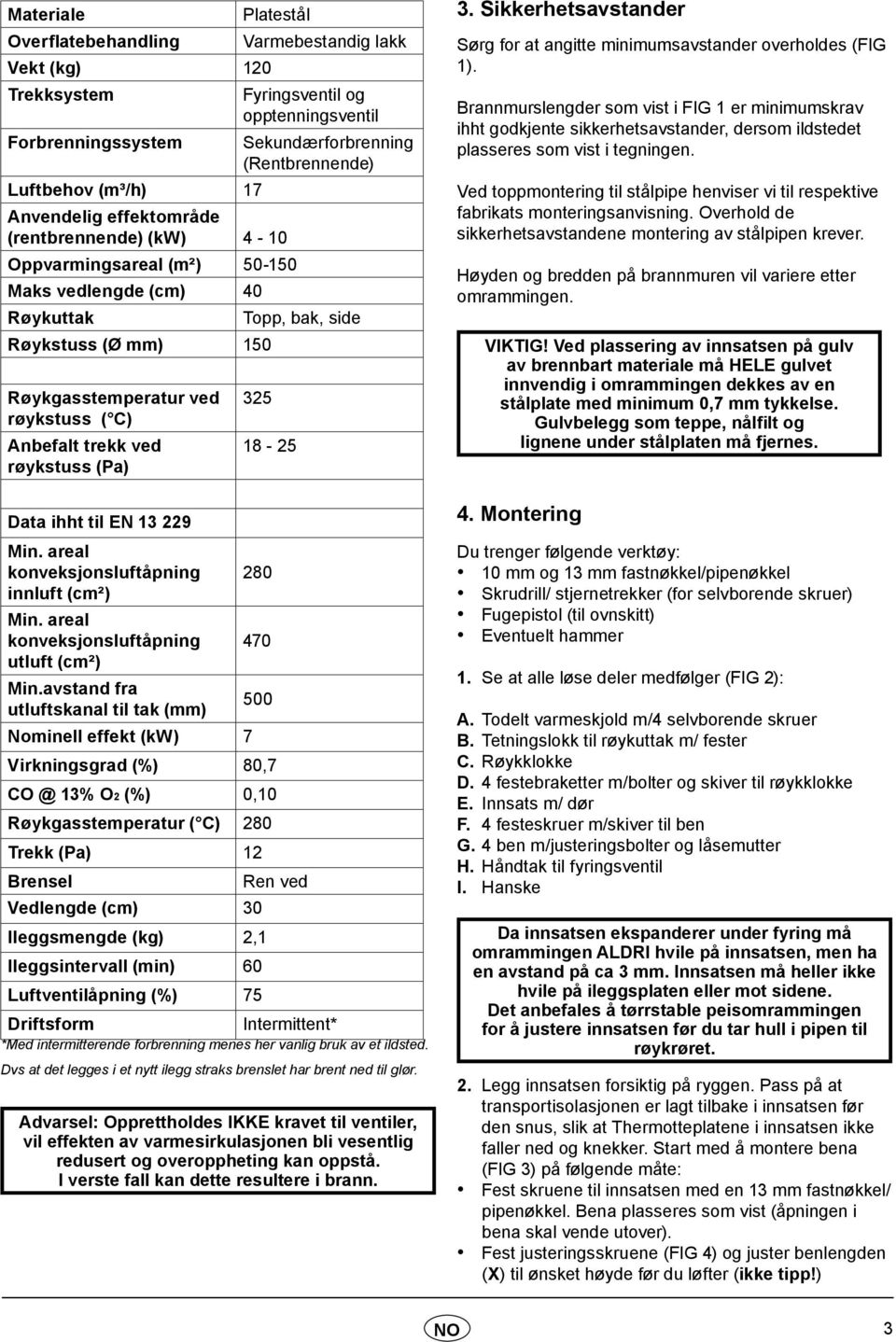 trekk ved røykstuss (Pa) 325 18-25 Data ihht til EN 13 229 Min. areal konveksjonsluftåpning 280 innluft (cm²) Min. areal konveksjonsluftåpning 470 utluft (cm²) Min.