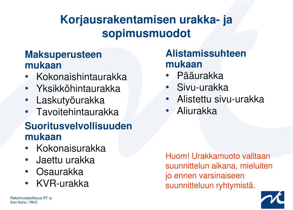 Jaettu urakka Osaurakka KVR-urakka Alistamissuhteen mukaan Pääurakka Sivu-urakka Alistettu