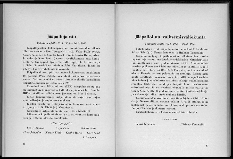 Sihteerinä on toiminut John Gustafsson. Jaosto on pitänyt 3 ja työvaliokunta 3 kokousta. Jääpallovaltuusto piti varsinaisen kokouksensa maaliskutm 19. päivänä 1960.