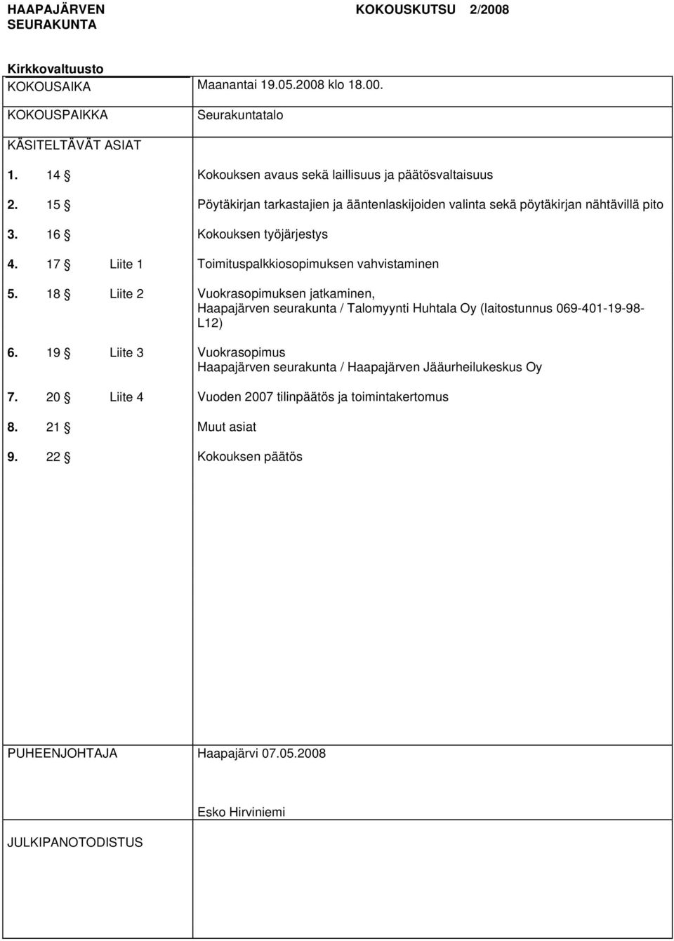 17 Liite 1 Toimituspalkkiosopimuksen vahvistaminen 5. 18 Liite 2 Vuokrasopimuksen jatkaminen, Haapajärven seurakunta / Talomyynti Huhtala Oy (laitostunnus 069-401-19-98- L12) 6.