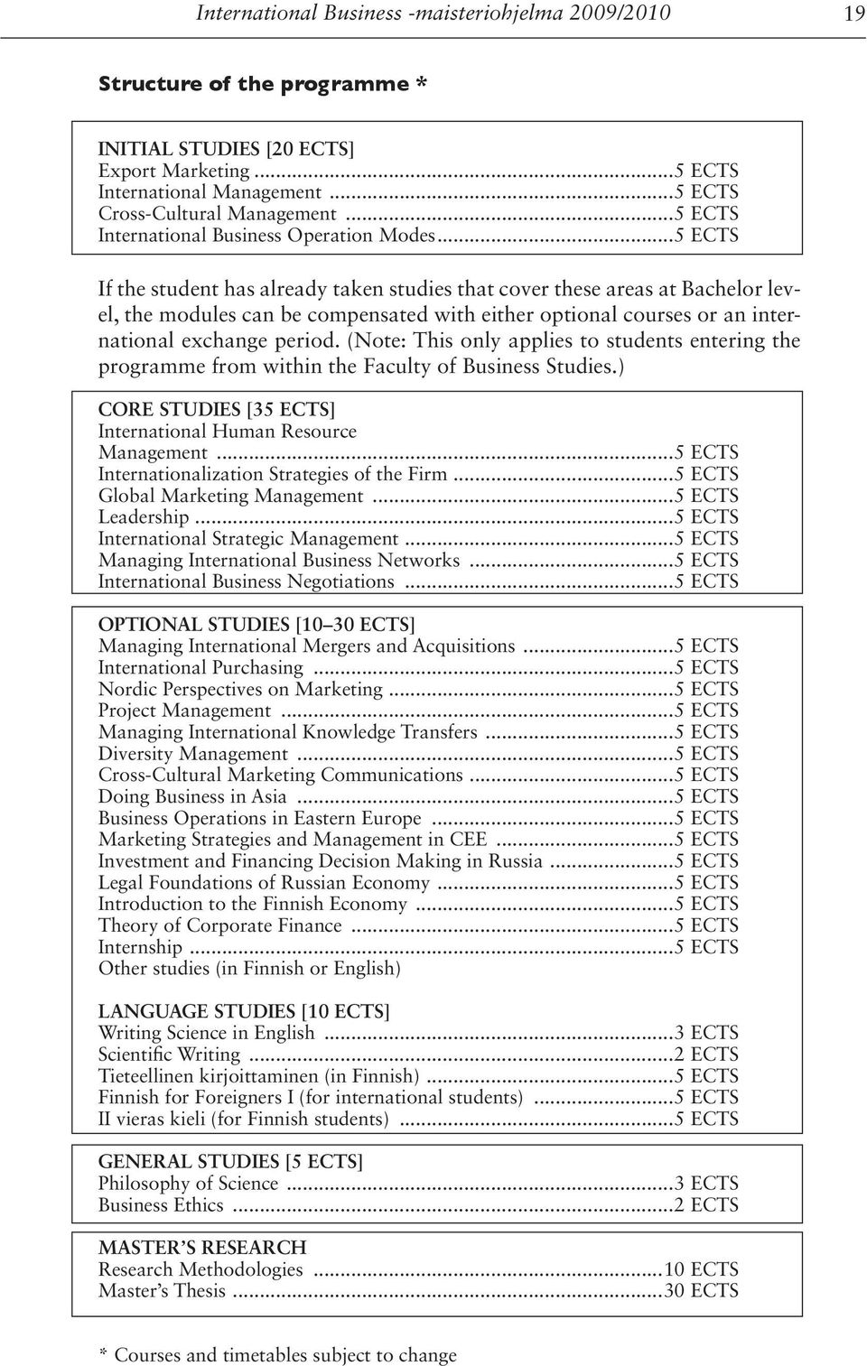 ..5 ECTS If the student has already taken studies that cover these areas at Bachelor level, the modules can be compensated with either optional courses or an international exchange period.