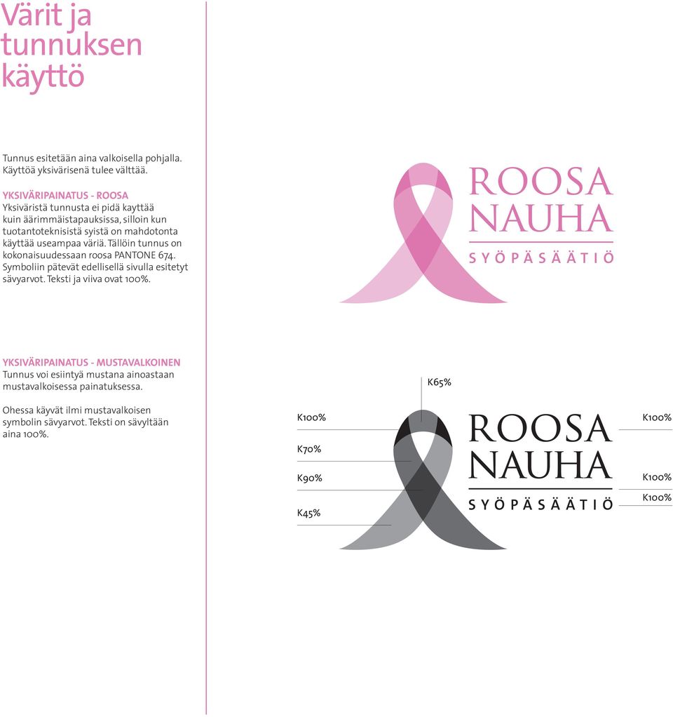 väriä. Tällöin tunnus on kokonaisuudessaan roosa PANTONE 674. Symboliin pätevät edellisellä sivulla esitetyt sävyarvot. Teksti ja viiva ovat 100%.