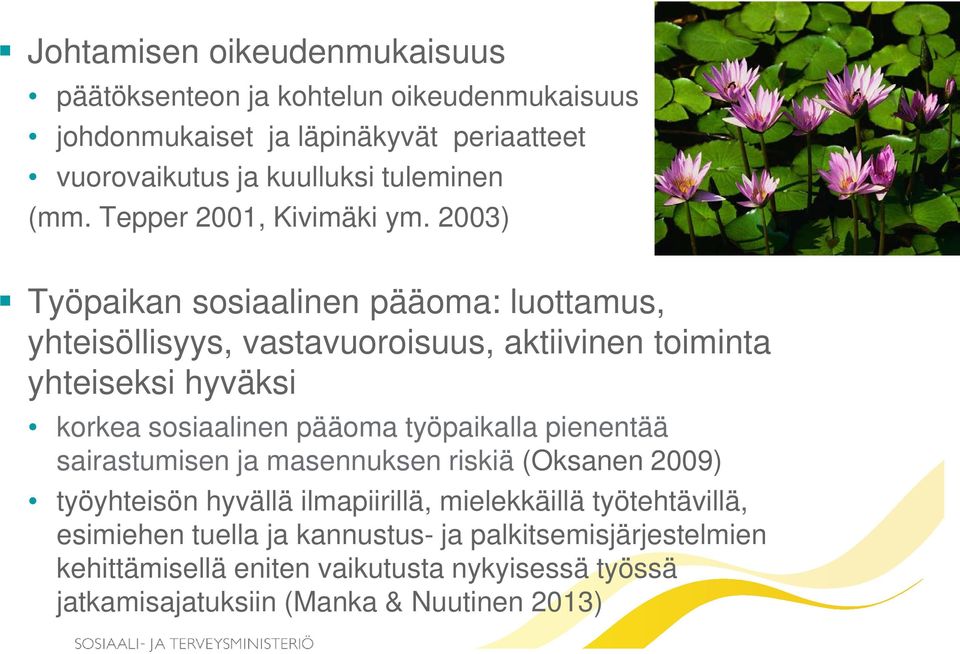 2003) Työpaikan sosiaalinen pääoma: luottamus, yhteisöllisyys, vastavuoroisuus, aktiivinen toiminta yhteiseksi hyväksi korkea sosiaalinen pääoma
