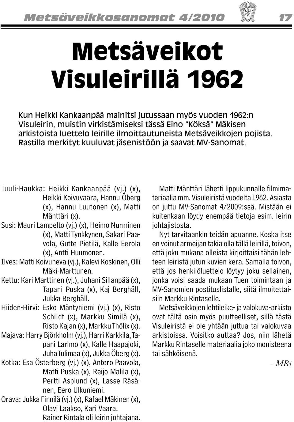 ) (x), Heikki Koivuvaara, Hannu Öberg (x), Hannu Luutonen (x), Matti Mänttäri (x). Susi: Mauri Lampelto (vj.