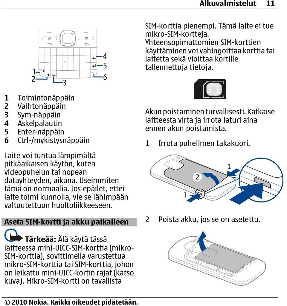 1 Toimintonäppäin 2 Vaihtonäppäin 3 Sym-näppäin 4 Askelpalautin 5 Enter-näppäin 6 Ctrl-/mykistysnäppäin Laite voi tuntua lämpimältä pitkäaikaisen käytön, kuten videopuhelun tai nopean datayhteyden,