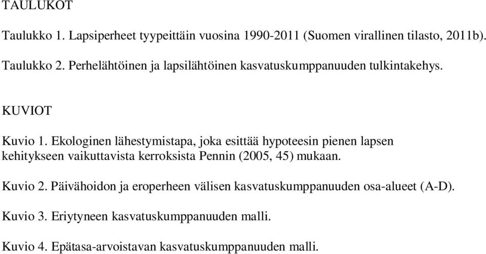 Ekologinen lähestymistapa, joka esittää hypoteesin pienen lapsen kehitykseen vaikuttavista kerroksista Pennin (2005, 45) mukaan.