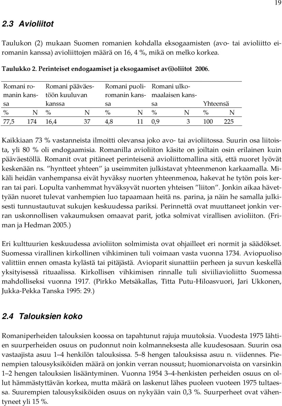 Romani romanin kanssa Romani pääväestöön kuuluvan kanssa Romani puoliromanin kanssa Romani ulkomaalaisen kanssa Yhteensä % N % N % N % N % N 77,5 174 16,4 37 4,8 11 0,9 3 100 225 Kaikkiaan 73 %