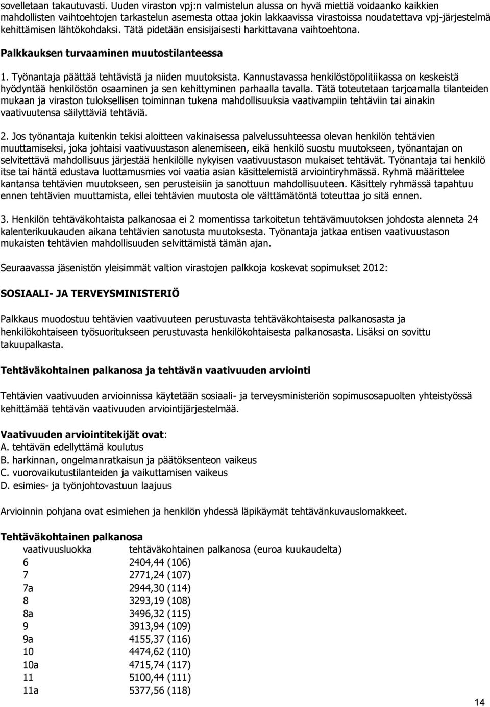 kehittämisen lähtökohdaksi. Tätä pidetään ensisijaisesti harkittavana vaihtoehtona. Palkkauksen turvaaminen muutostilanteessa 1. Työnantaja päättää tehtävistä ja niiden muutoksista.