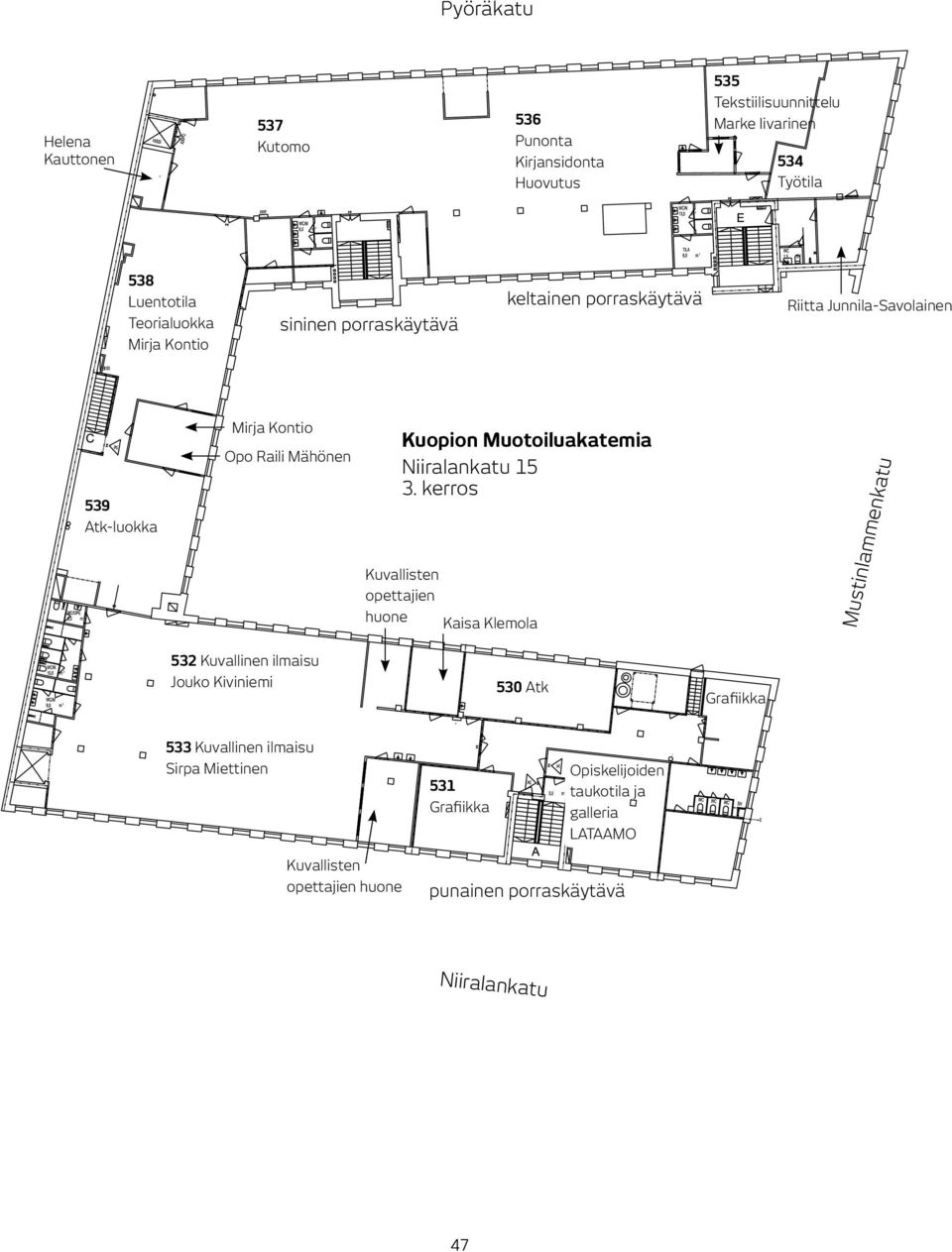 3. kerros Kuvallisten opettajien huone Kaisa Klemola Mustinlammenkatu 532 Kuvallinen ilmaisu Jouko Kiviniemi 530 Atk Grafiikka 533 Kuvallinen