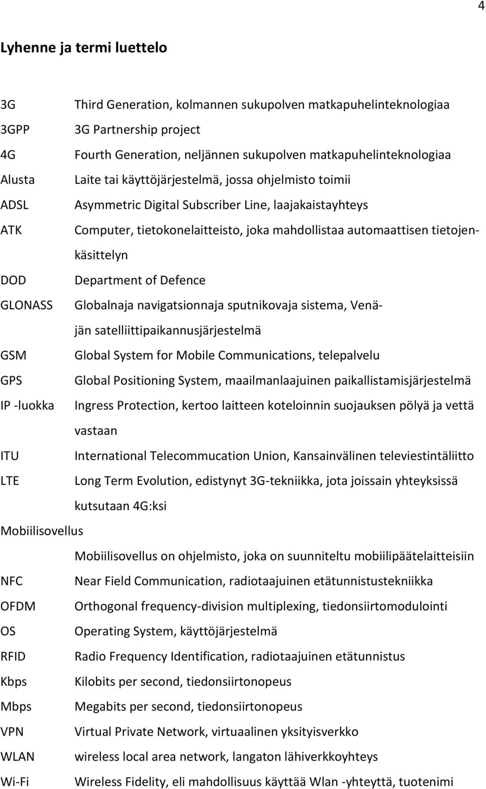 DOD Department of Defence GLONASS Globalnaja navigatsionnaja sputnikovaja sistema, Venäjän satelliittipaikannusjärjestelmä GSM Global System for Mobile Communications, telepalvelu GPS Global