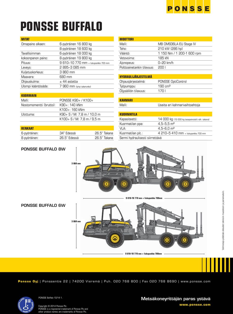 (brutto): K90+: 140 knm K100+: 160 knm Ulottuma: K90+ S / M: 7,8 m / 10,0 m K100+ S / M: 7,8 m / 9,5 m RENKAAT 6-pyöräinen: 34 Edessä 26.5 Takana 8-pyöräinen: 26.5 Edessä 26.