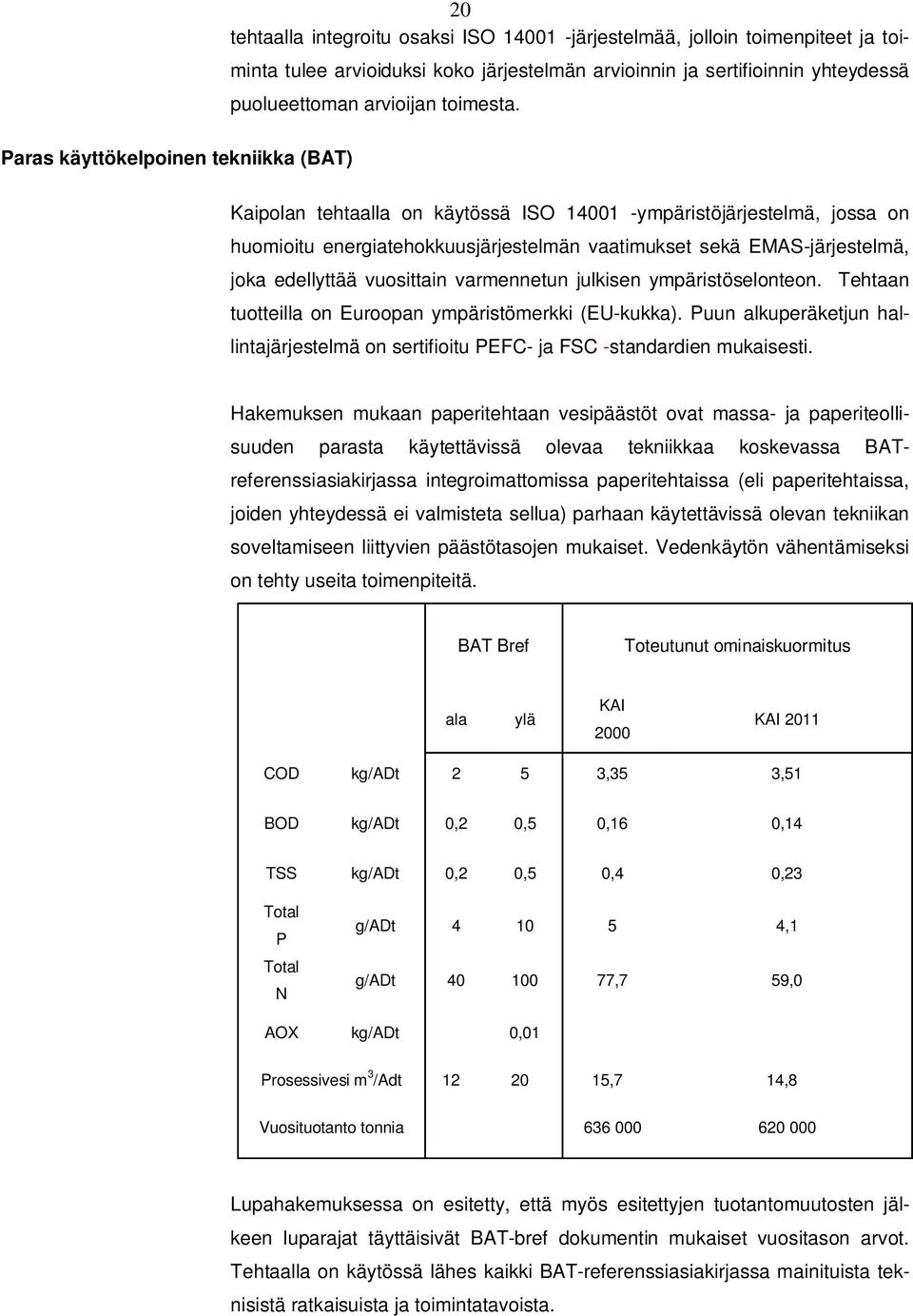 Kaipolan tehtaalla on käytössä ISO 14001 -ympäristöjärjestelmä, jossa on huomioitu energiatehokkuusjärjestelmän vaatimukset sekä EMAS-järjestelmä, joka edellyttää vuosittain varmennetun julkisen